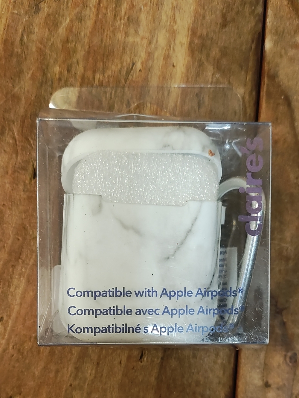 Claire's Marble-Print White AirPods Case with Carabiner
